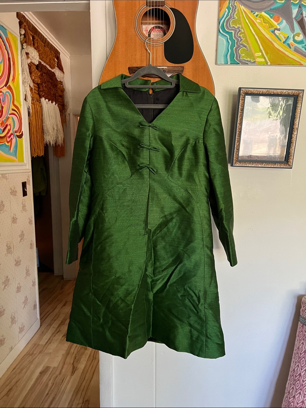 Vintage Green Mini Dress Handmade MCM 1960s 1970s Medium to Large